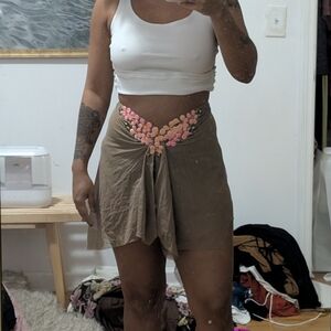 Waist-Detail Khaki Mini Skirt with Pink Floral Trim